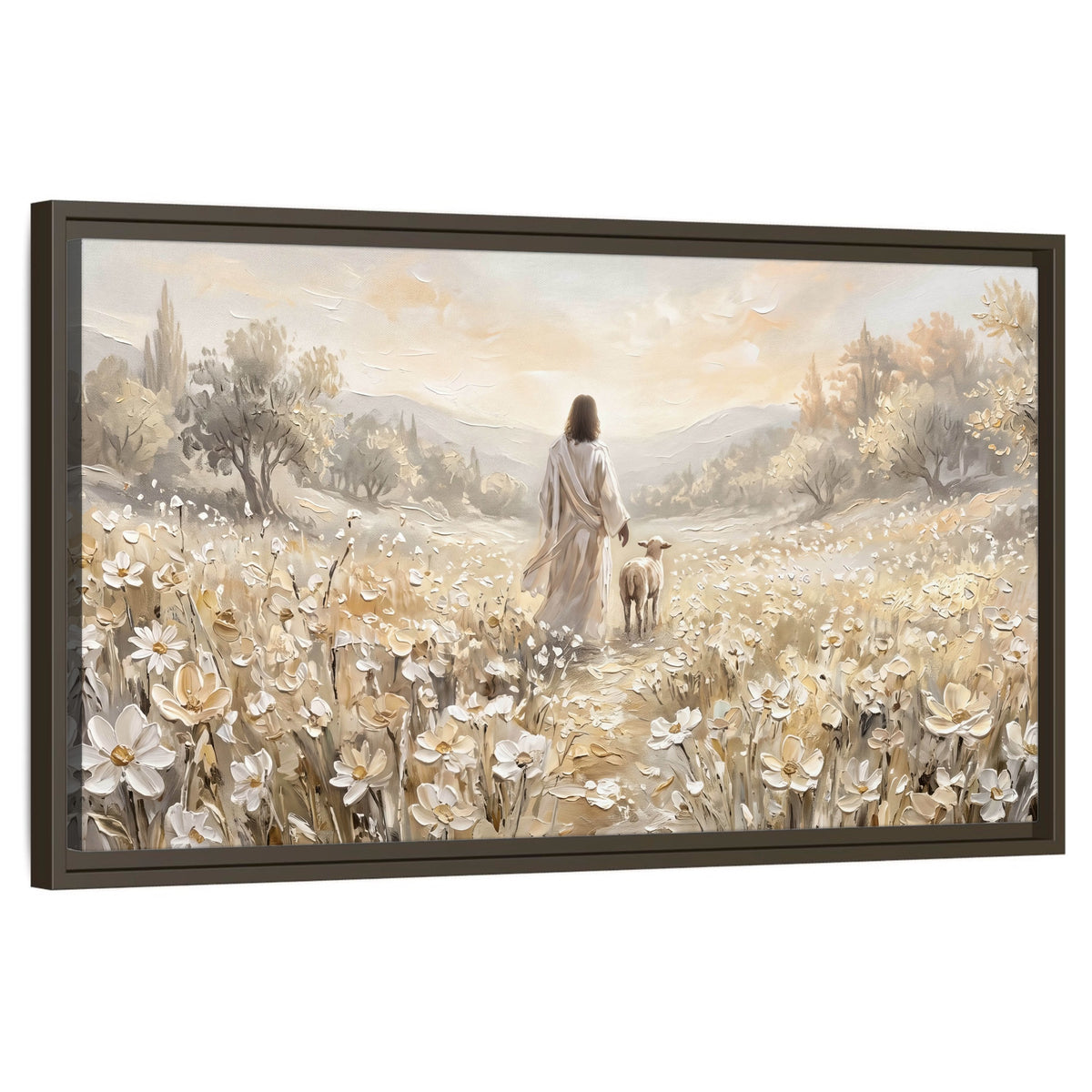 Jesus and lamb flower field painting framed canvas wall art on a white background