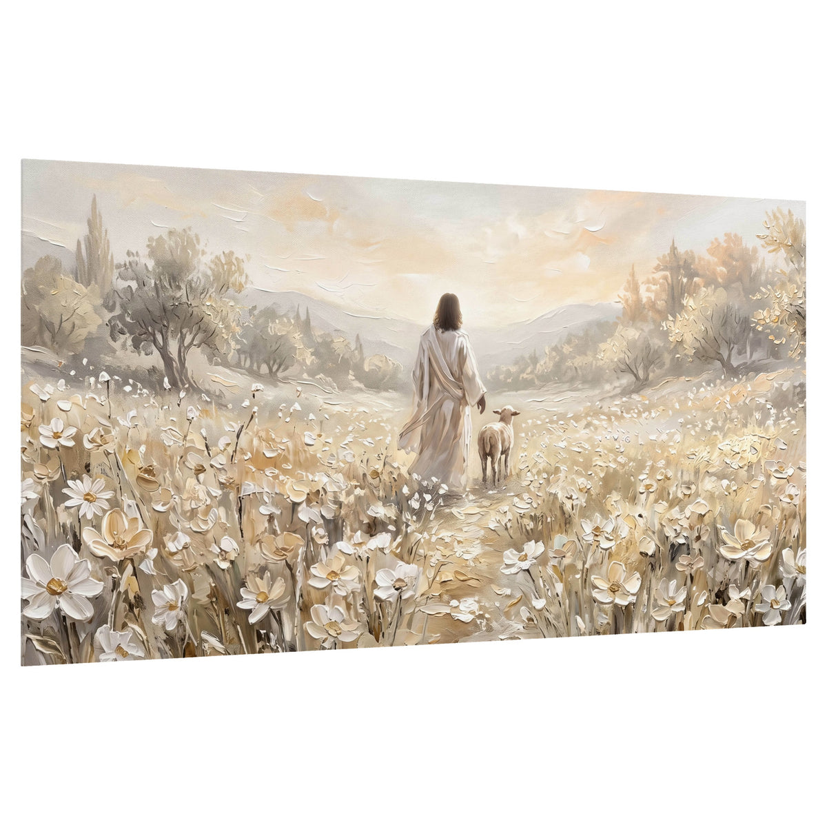 Jesus and lamb flower field painting poster print on a white background