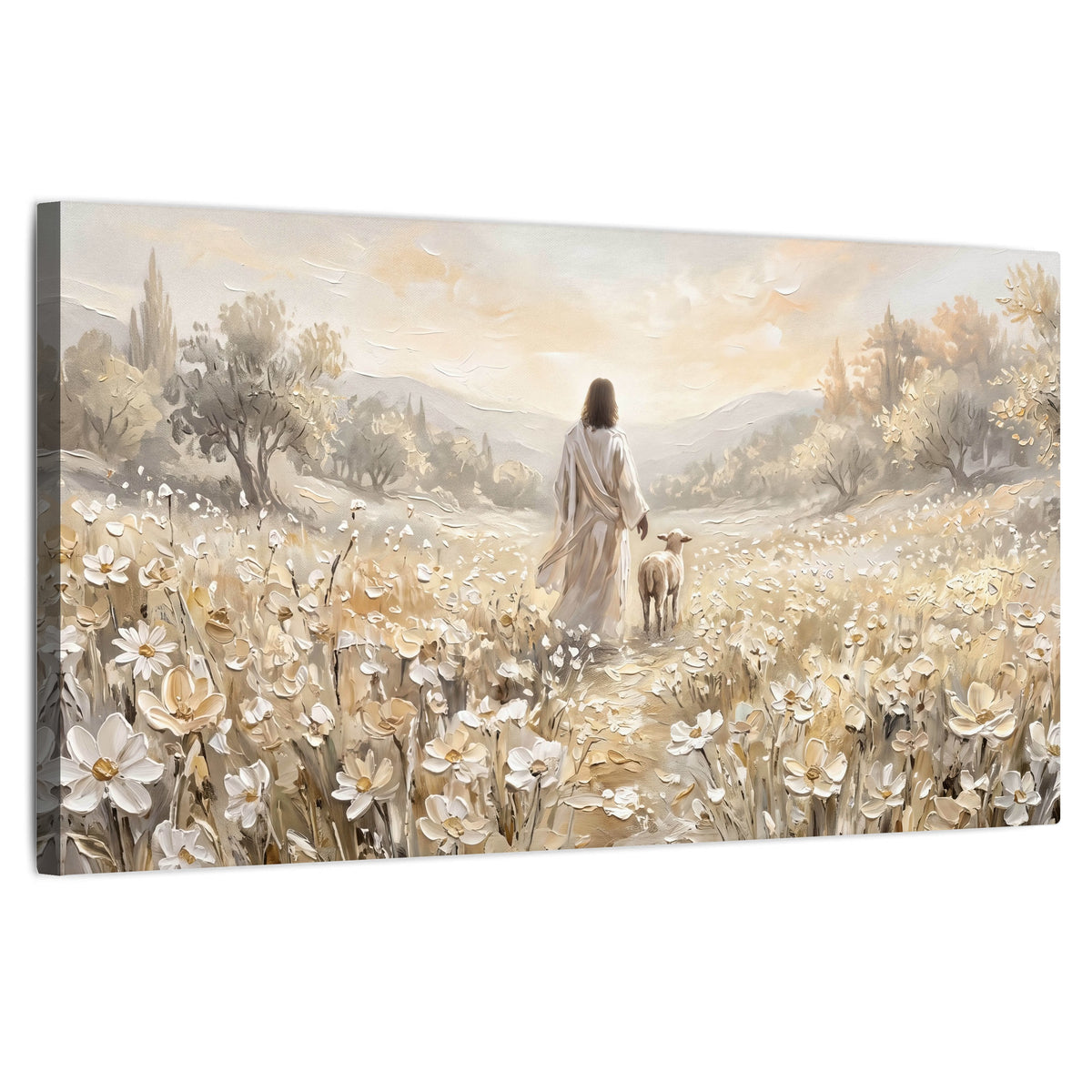 Jesus and lamb flower field painting stretched canvas wall art on a white background