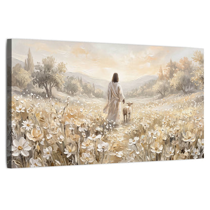 Jesus and lamb flower field painting stretched canvas wall art on a white background