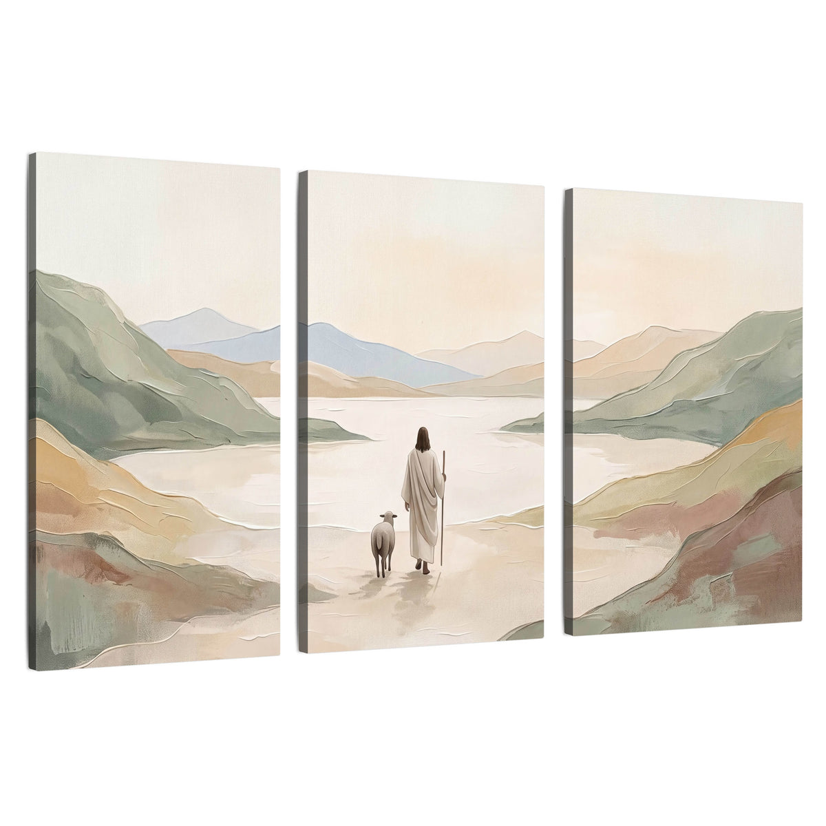 Minimalist Good Shepherd painting 3 piece canvas wall art set on a white background