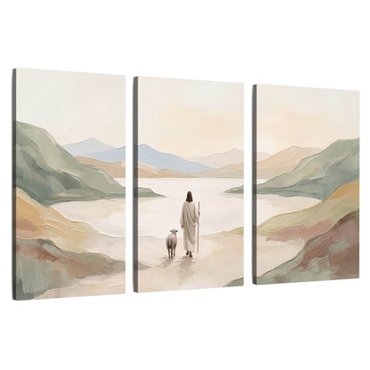 Minimalist Good Shepherd painting 3 piece canvas wall art set on a white background