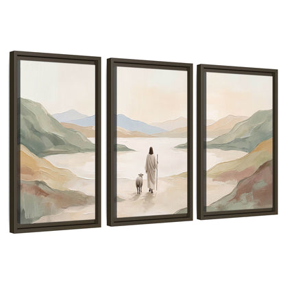 Minimalist Good Shepherd painting 3 piece framed canvas wall art set on a white background