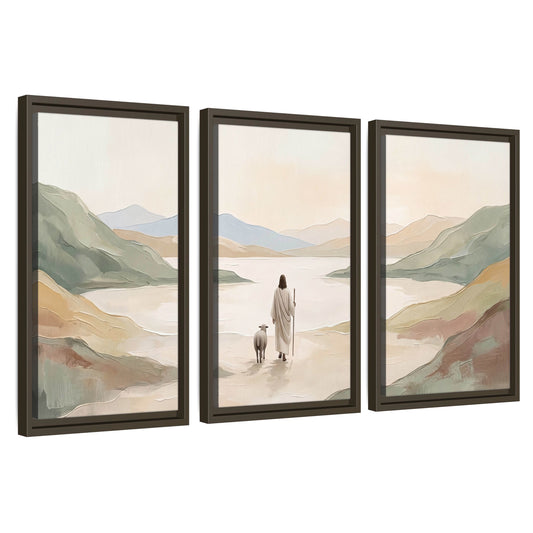 Minimalist Good Shepherd painting 3 piece framed canvas wall art set on a white background