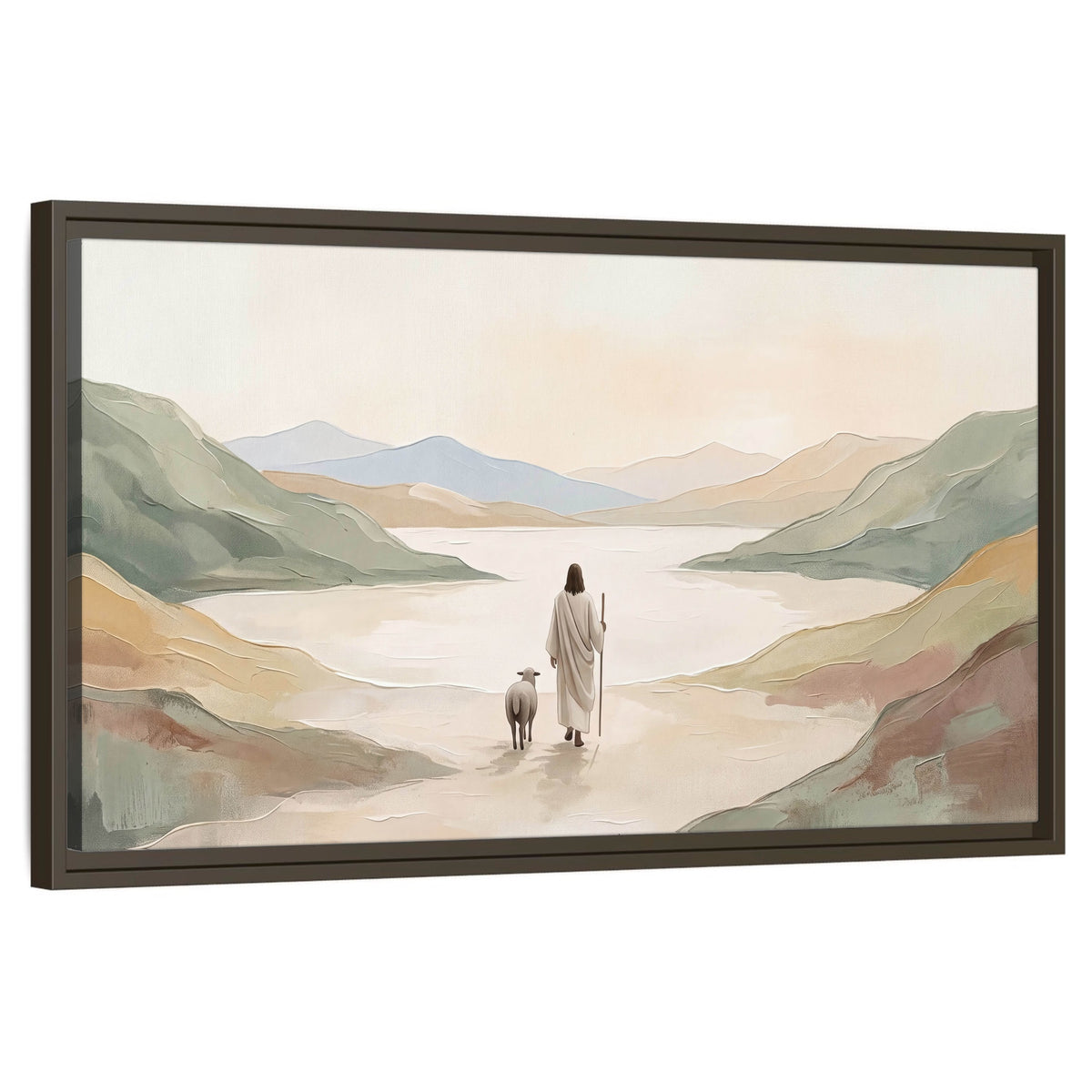 Minimalist Good Shepherd painting framed canvas wall art on a white background