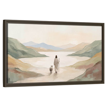 Minimalist Good Shepherd painting framed canvas wall art on a white background