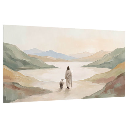 Minimalist Good Shepherd painting poster print on a white background