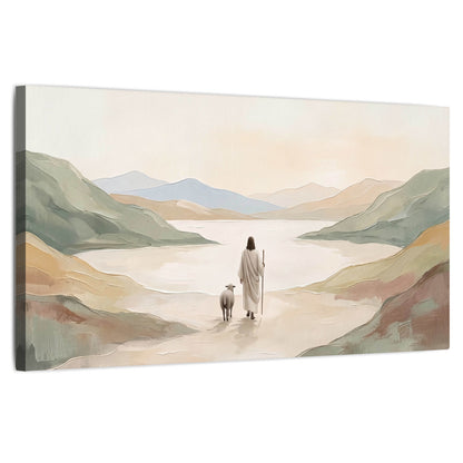 Minimalist Good Shepherd painting stretched canvas wall art on a white background