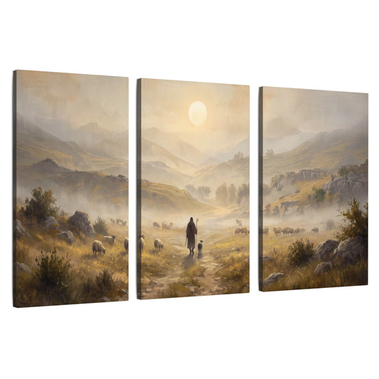 Shepherd and flock painting 3 piece canvas wall art set on a white background