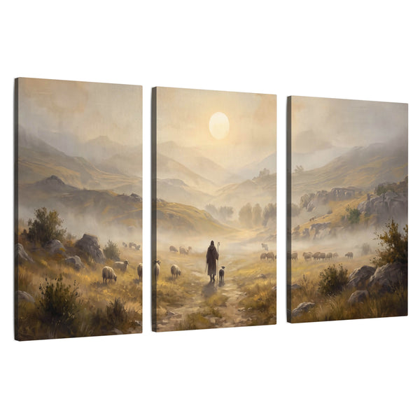 Shepherd and Flock in Misty Valley Wall Art – Biblical Landscape Painting