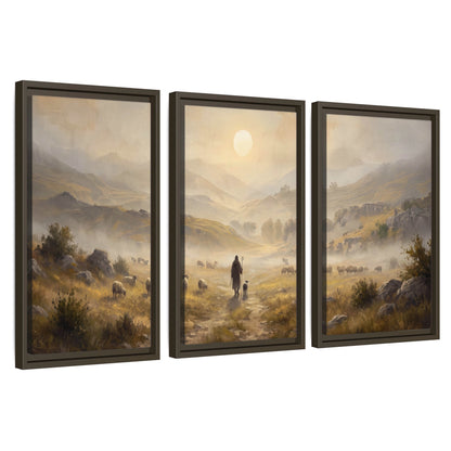 Shepherd and flock painting 3 piece framed canvas wall art set on a white background