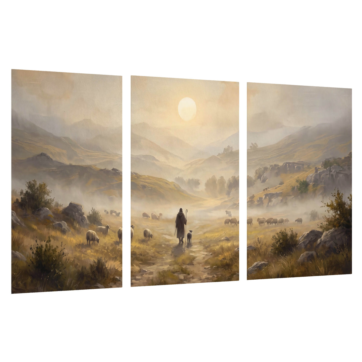 Shepherd and flock painting set of 3 poster prints on a white background