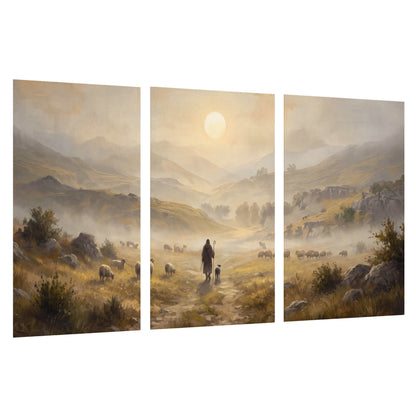 Shepherd and flock painting set of 3 poster prints on a white background