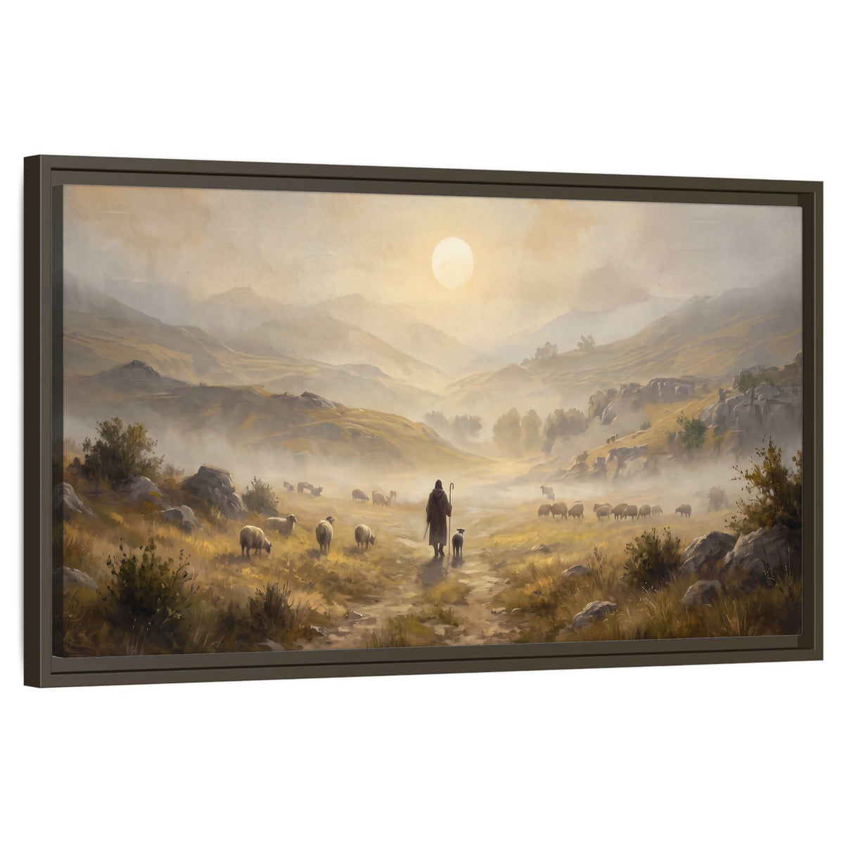 Shepherd and flock painting framed canvas wall art on a white background