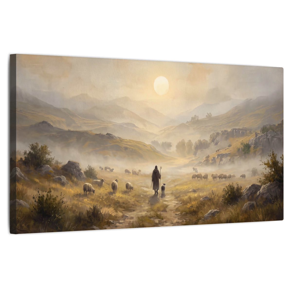 Shepherd and flock painting stretched canvas wall art on a white background