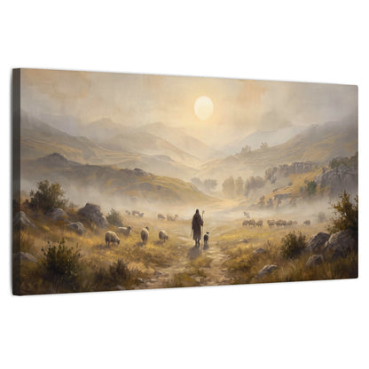 Shepherd and flock painting stretched canvas wall art on a white background