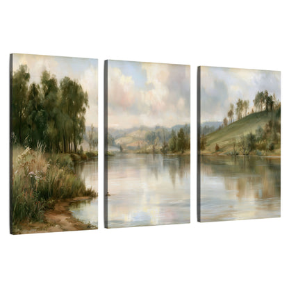 Pastel river valley painting 3 piece canvas wall art set on a white background