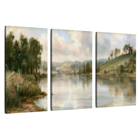Pastel river valley painting 3 piece canvas wall art set on a white background
