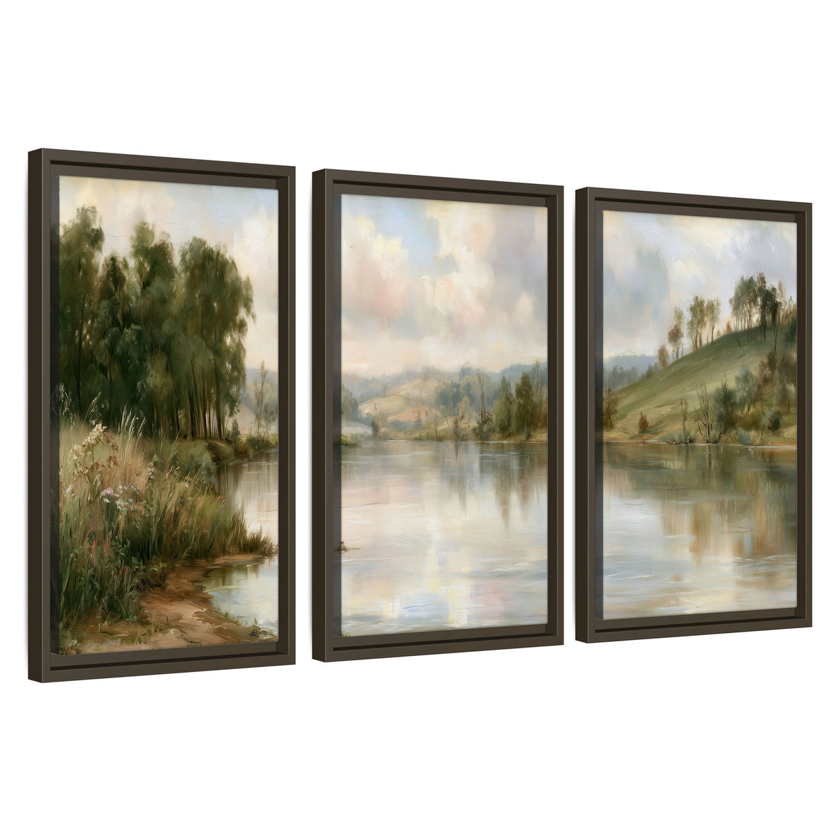 Pastel river valley painting 3 piece framed canvas wall art set on a white background