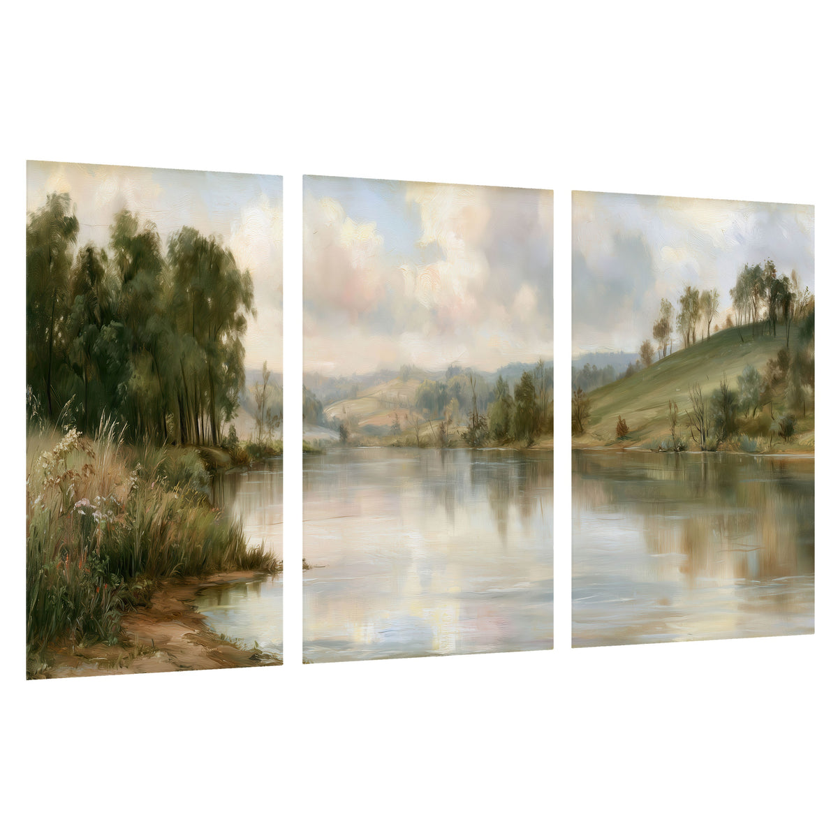 Pastel river valley painting set of 3 poster prints on a white background