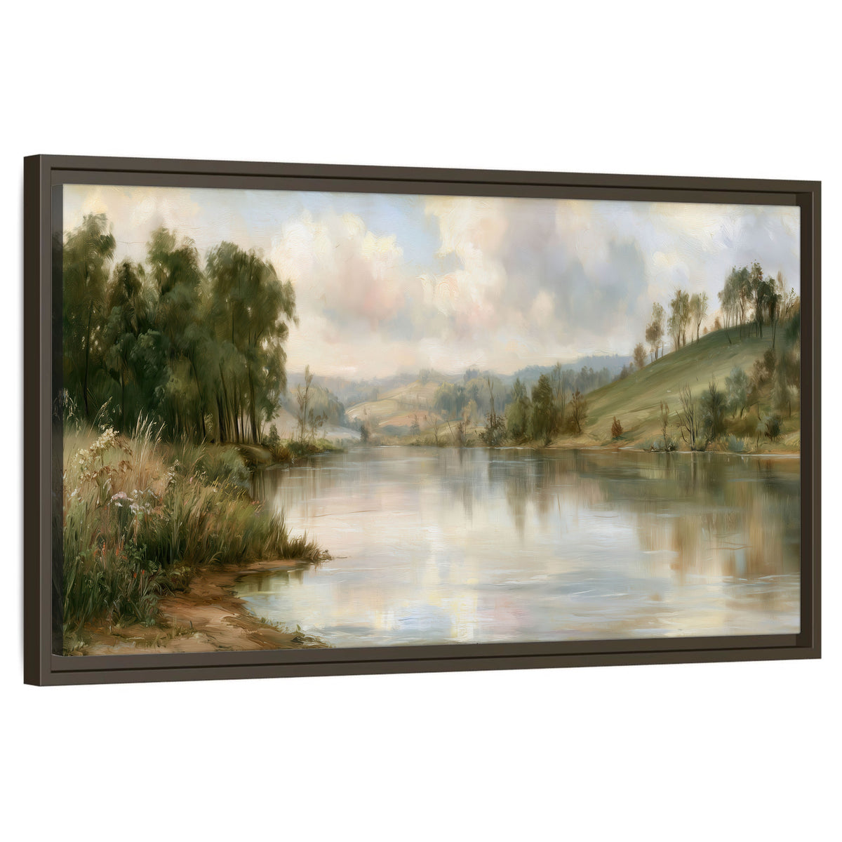 Pastel river valley painting framed canvas wall art on a white background