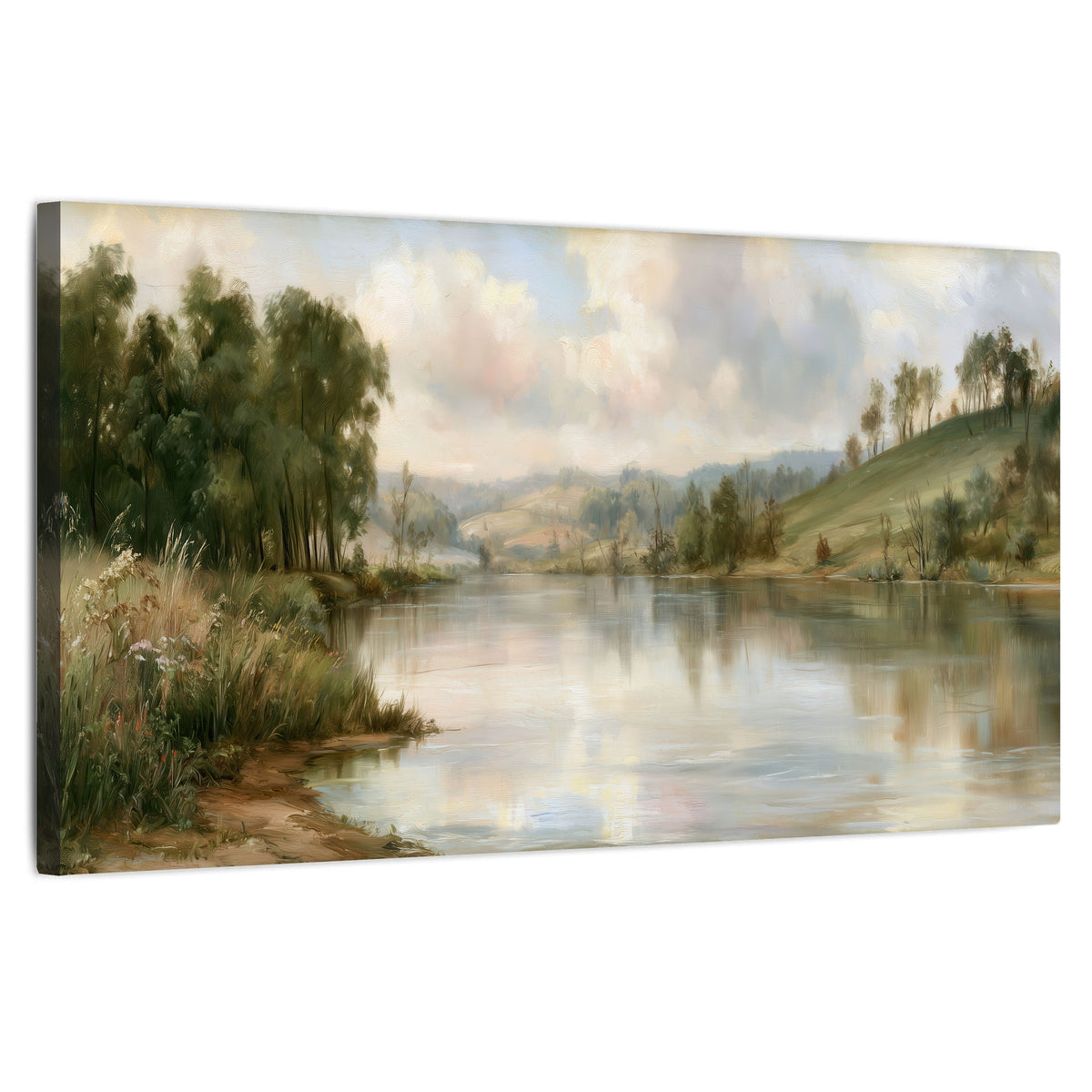 Pastel river valley painting stretched canvas wall art on a white background