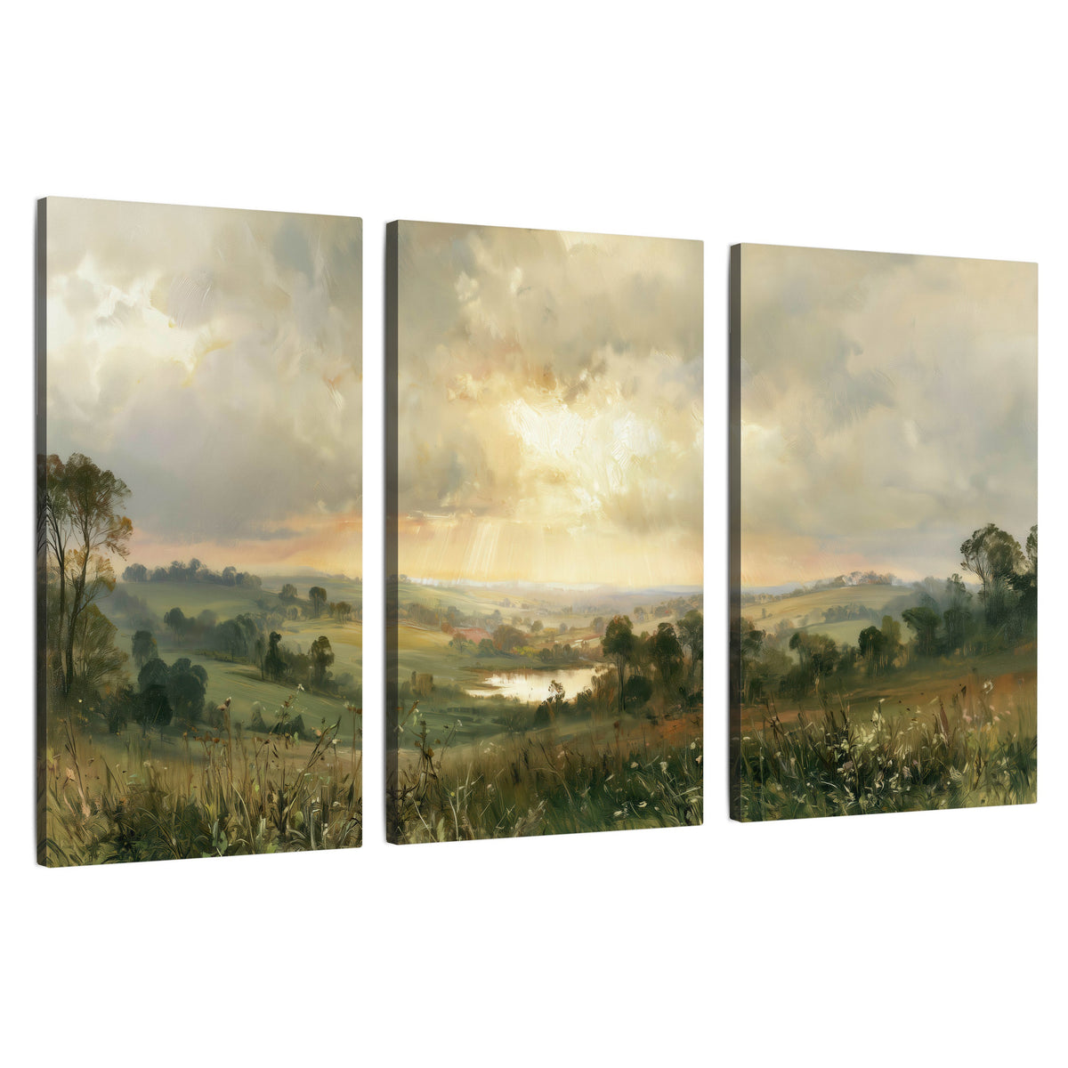 Sunbeams over countryside painting 3 piece canvas wall art set on a white background