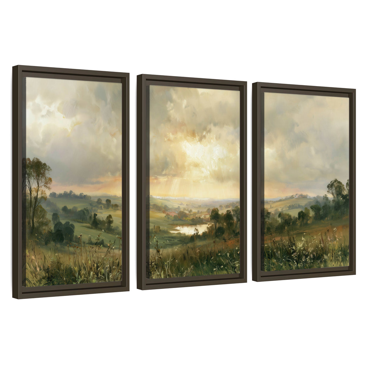 Sunbeams over countryside painting 3 piece framed canvas wall art set on a white background