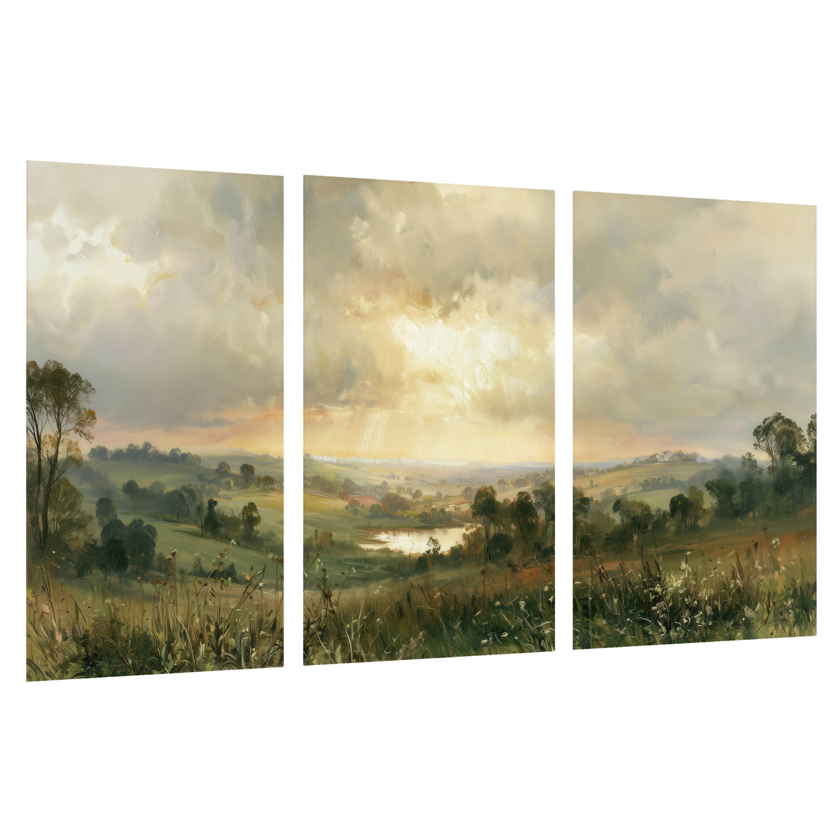 Sunbeams over countryside painting set of 3 poster prints on a white background