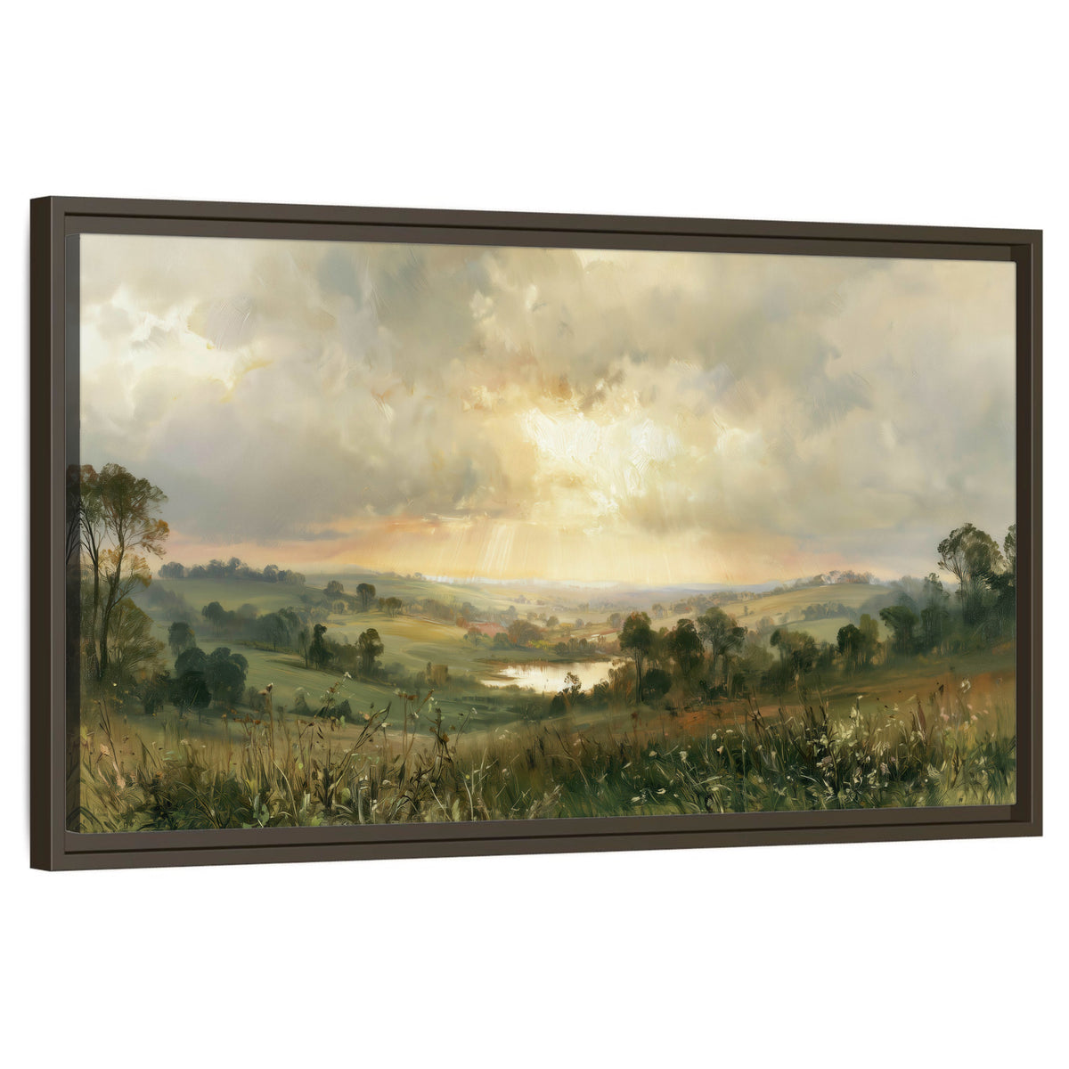 Sunbeams over countryside painting framed canvas wall art on a white background