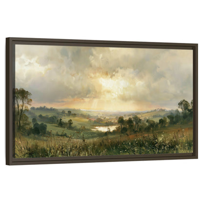 Sunbeams over countryside painting framed canvas wall art on a white background