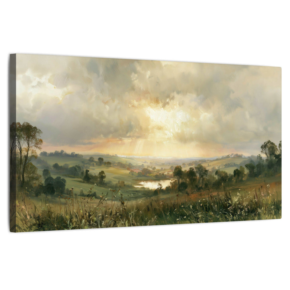 Sunbeams over countryside painting stretched canvas wall art on a white background