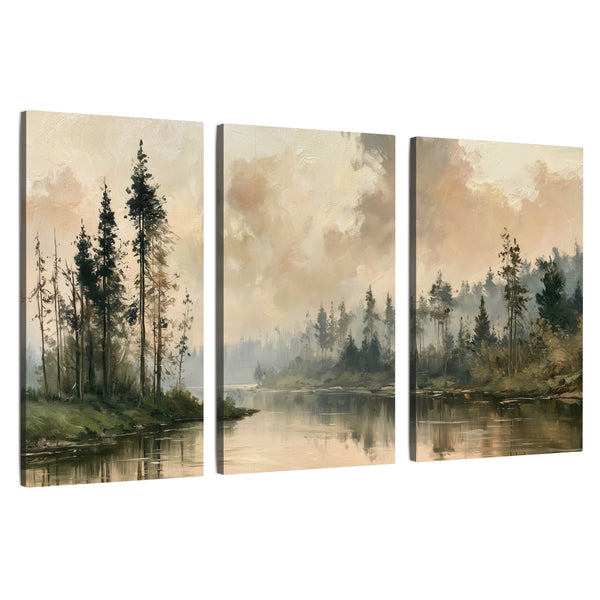 Misty Pine River Wall Art – Peach Sky Forest Landscape Painting