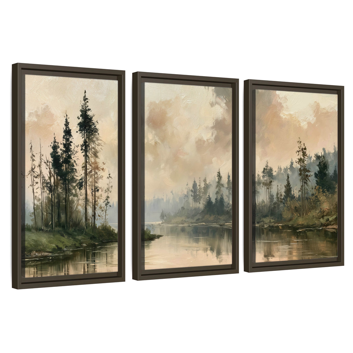 Misty pine river painting 3 piece framed canvas wall art set on a white background