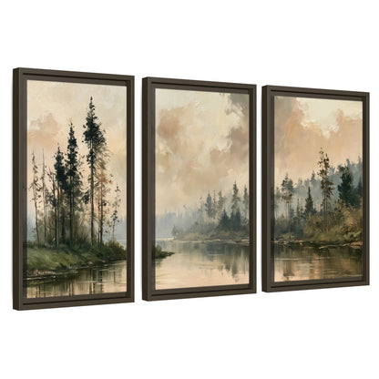 Misty pine river painting 3 piece framed canvas wall art set on a white background