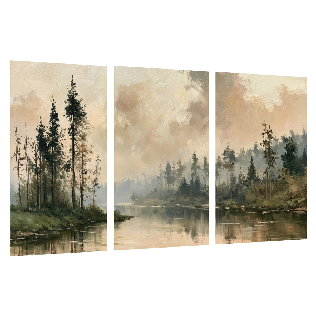 Misty pine river painting set of 3 poster prints on a white background