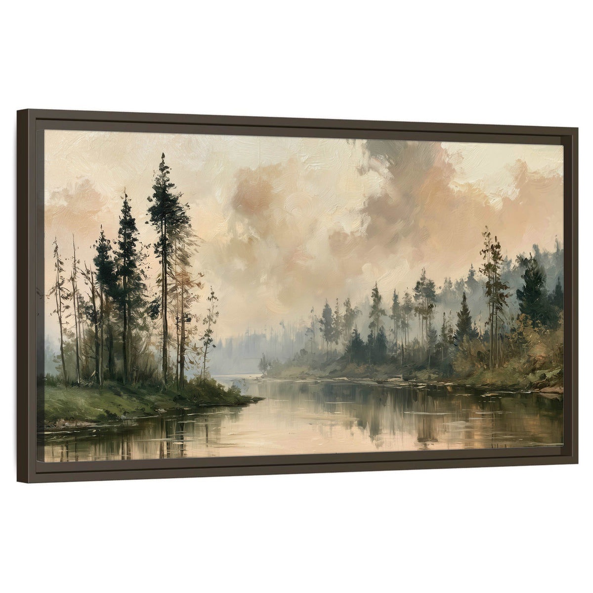 Misty pine river painting framed canvas wall art on a white background