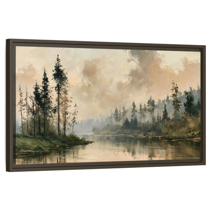 Misty pine river painting framed canvas wall art on a white background