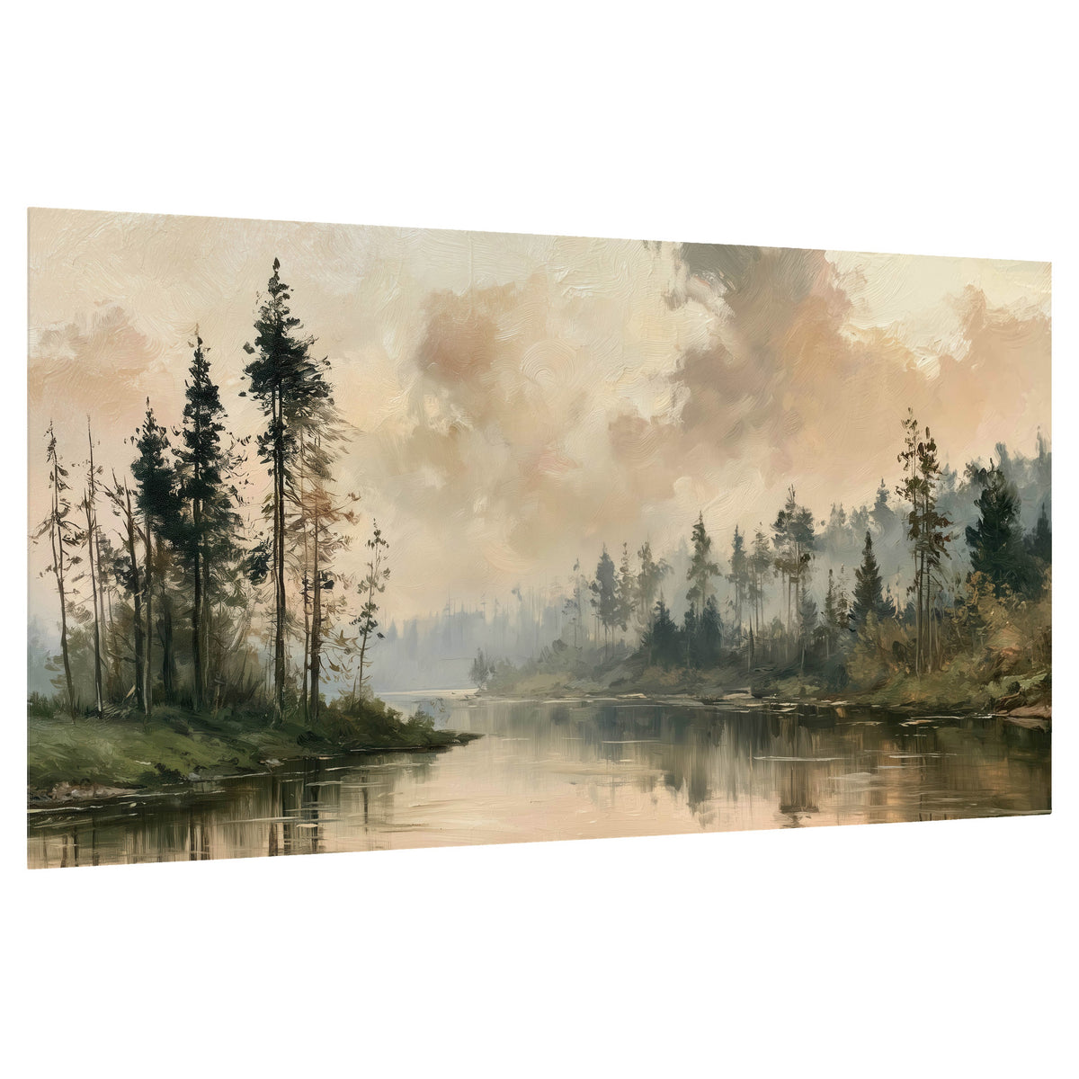 Misty pine river painting poster print on a white background