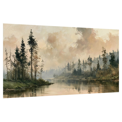 Misty pine river painting poster print on a white background