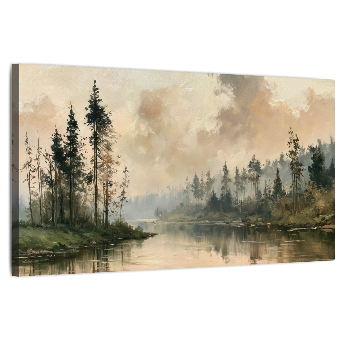 Misty pine river painting stretched canvas wall art on a white background