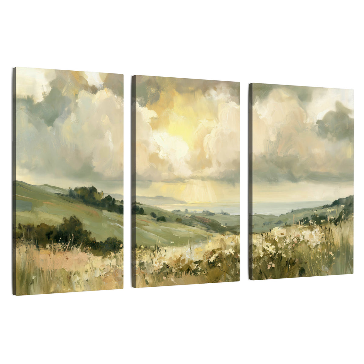 Sunlit meadow hills painting 3 piece canvas wall art set on a white background