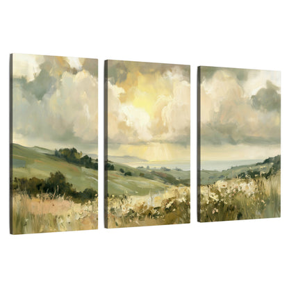 Sunlit meadow hills painting 3 piece canvas wall art set on a white background