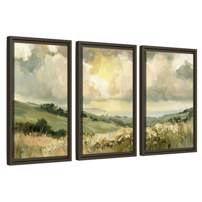 Sunlit meadow hills painting 3 piece framed canvas wall art set on a white background
