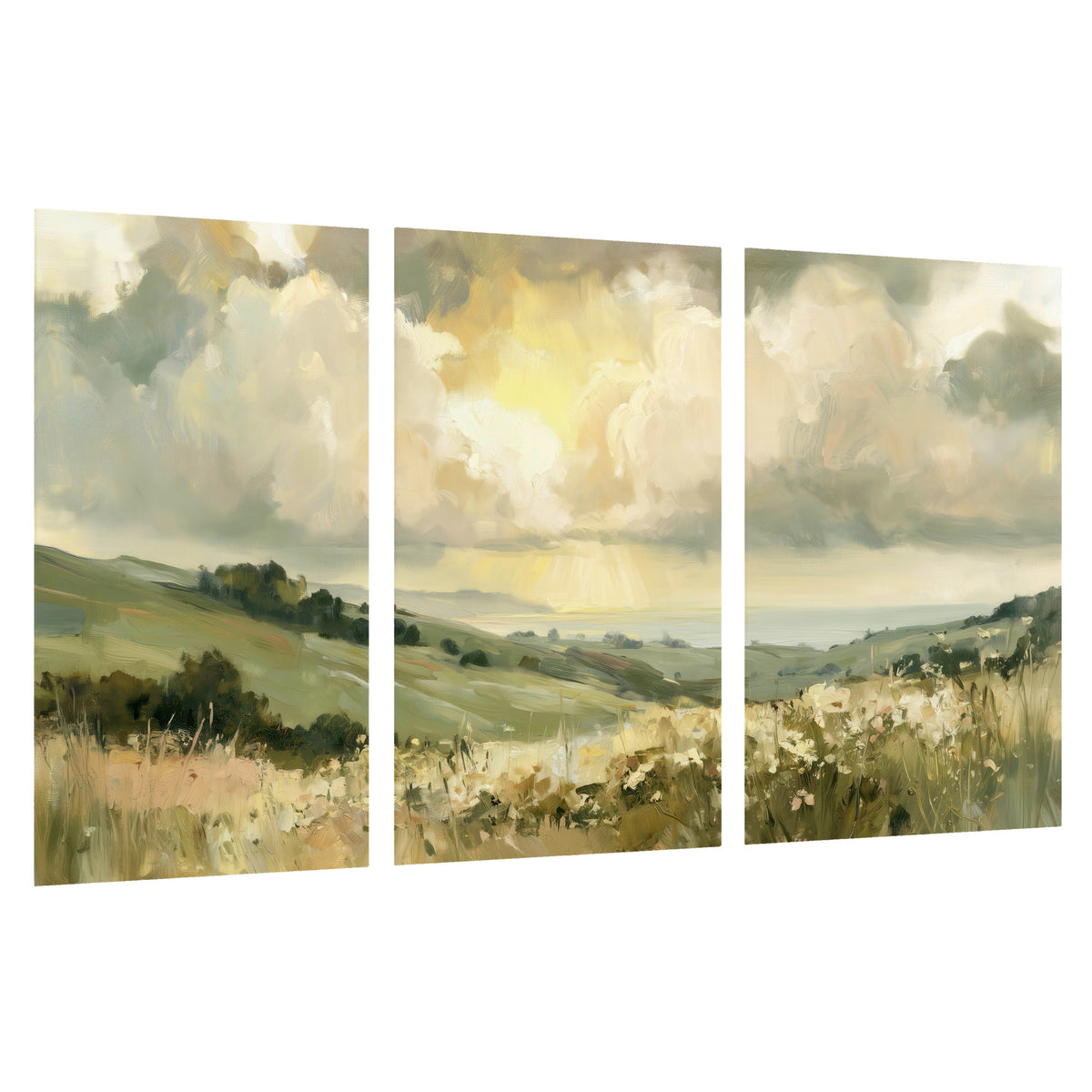 Sunlit meadow hills painting set of 3 poster prints on a white background