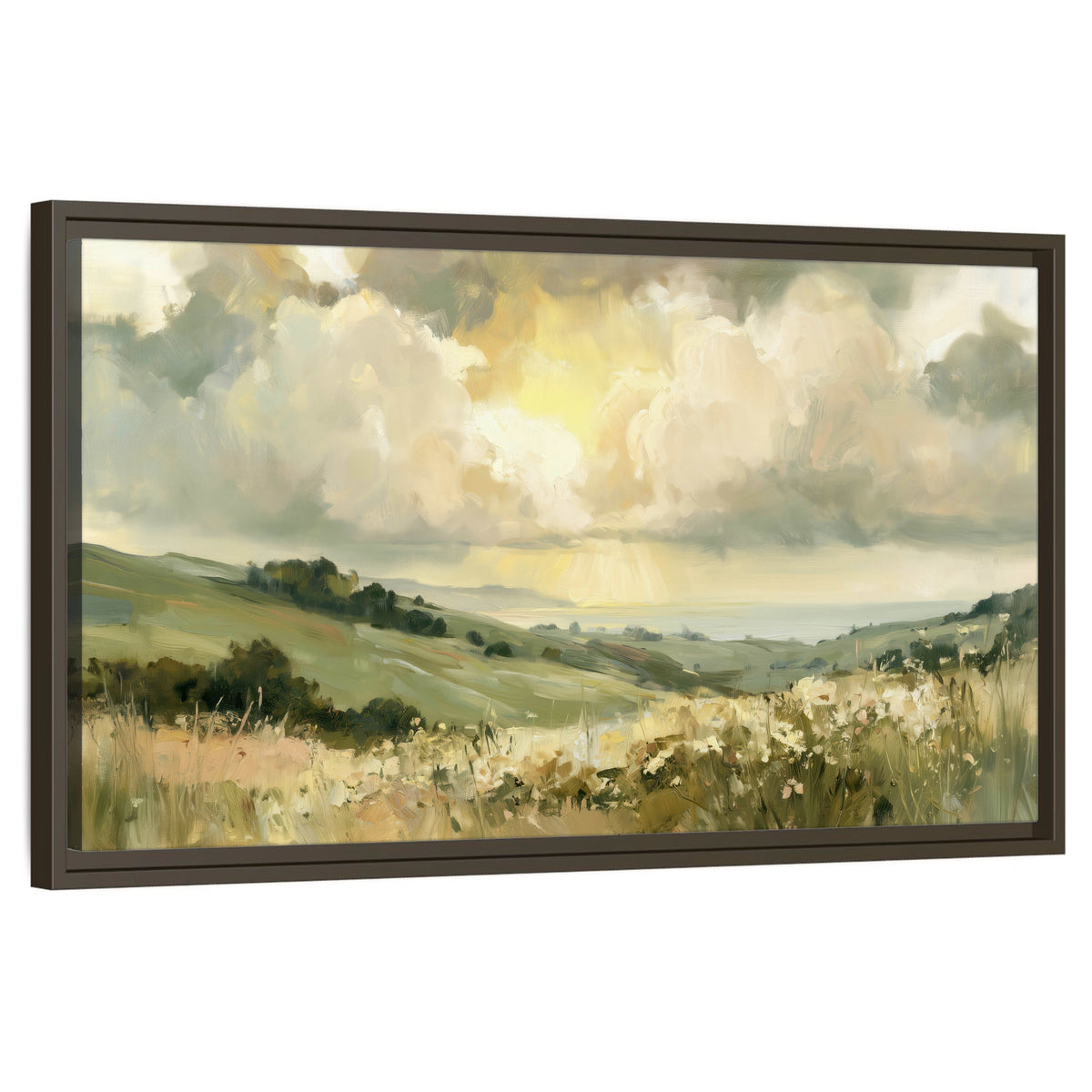 Sunlit meadow hills painting framed canvas wall art on a white background