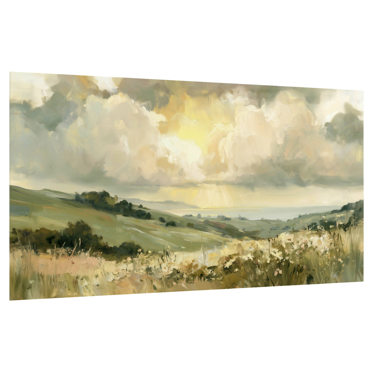 Sunlit meadow hills painting poster print on a white background