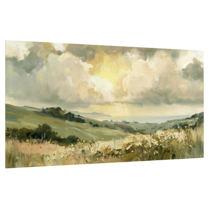 Sunlit meadow hills painting poster print on a white background