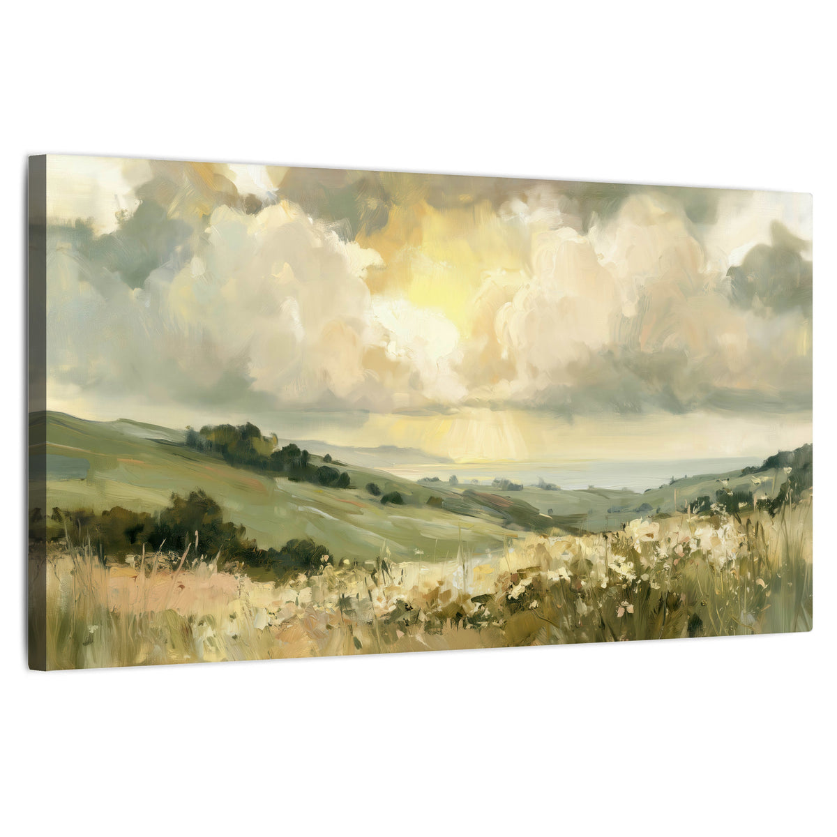 Sunlit meadow hills painting stretched canvas wall art on a white background