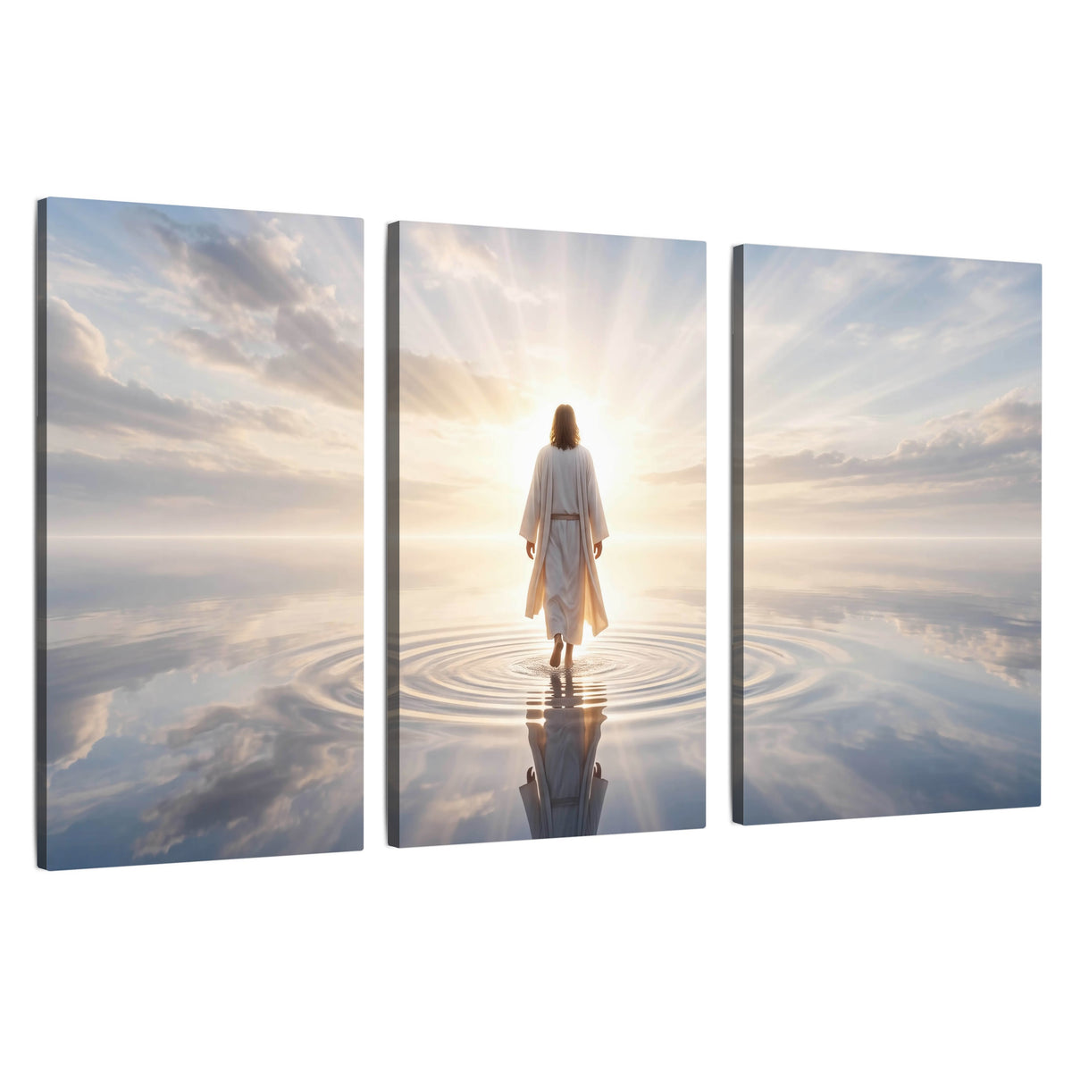 Jesus walking on water painting 3 piece canvas wall art set on a white background